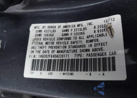 2013 Honda Accord Ex-L from USA, damaged, VIN 1HGCR2F84DA039171